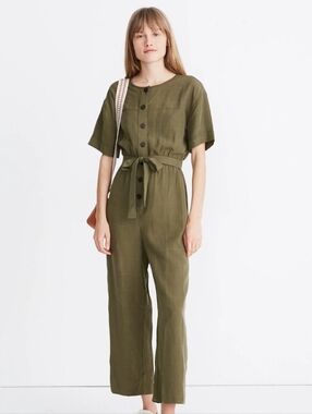 Madewell Crosshatched Kale Green Ripstop Tencel Short-Sleeve Belted Jumpsuit M